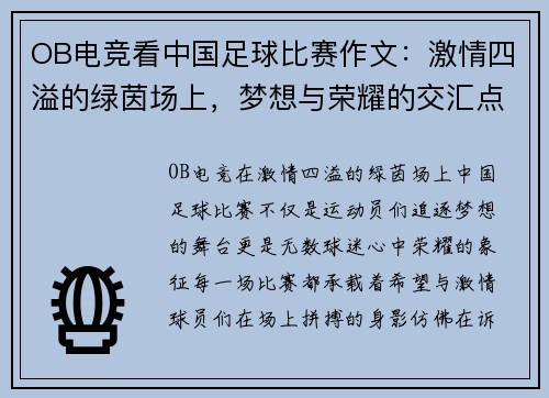 OB电竞看中国足球比赛作文：激情四溢的绿茵场上，梦想与荣耀的交汇点