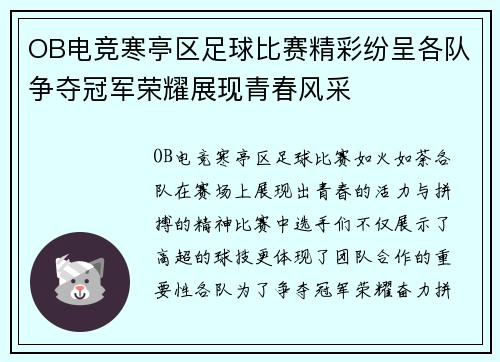 OB电竞寒亭区足球比赛精彩纷呈各队争夺冠军荣耀展现青春风采